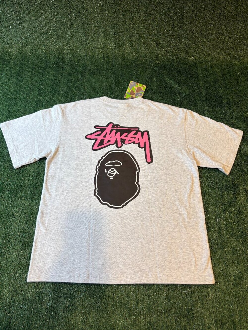 Stüssy x BAPE Ape Head Graphic Tee Gray NWT - Picture 1 of 9